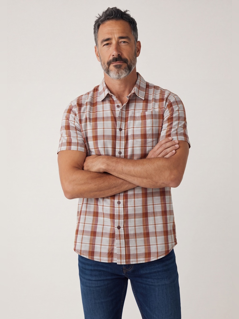 Prana Men's Short-Sleeve Plaid Button-Down Shirt in Brown and White